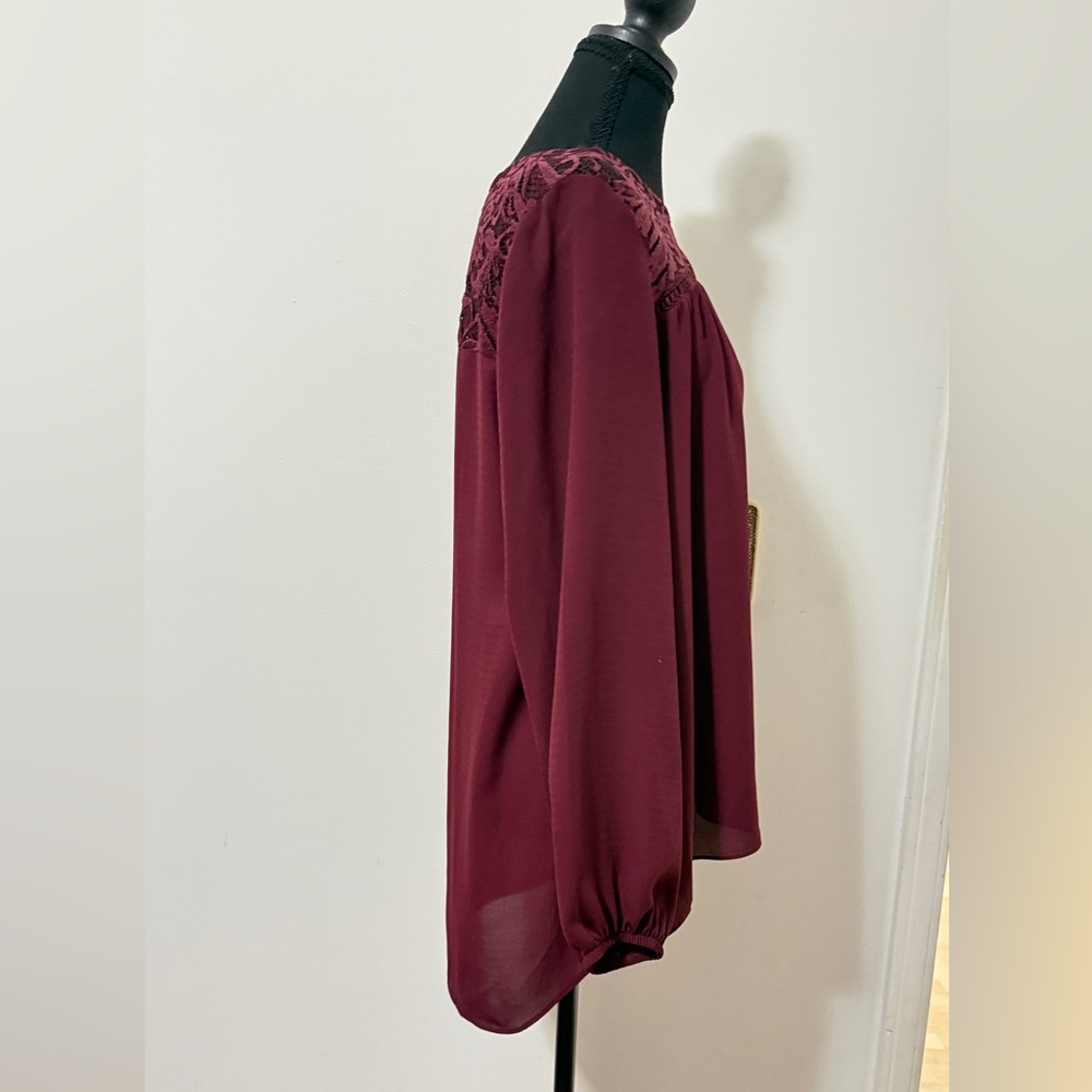 Apt. 9 Women’s Burgundy Lace Detail Long Sleeve Blouse-Sz Large - Picture 3 of 6